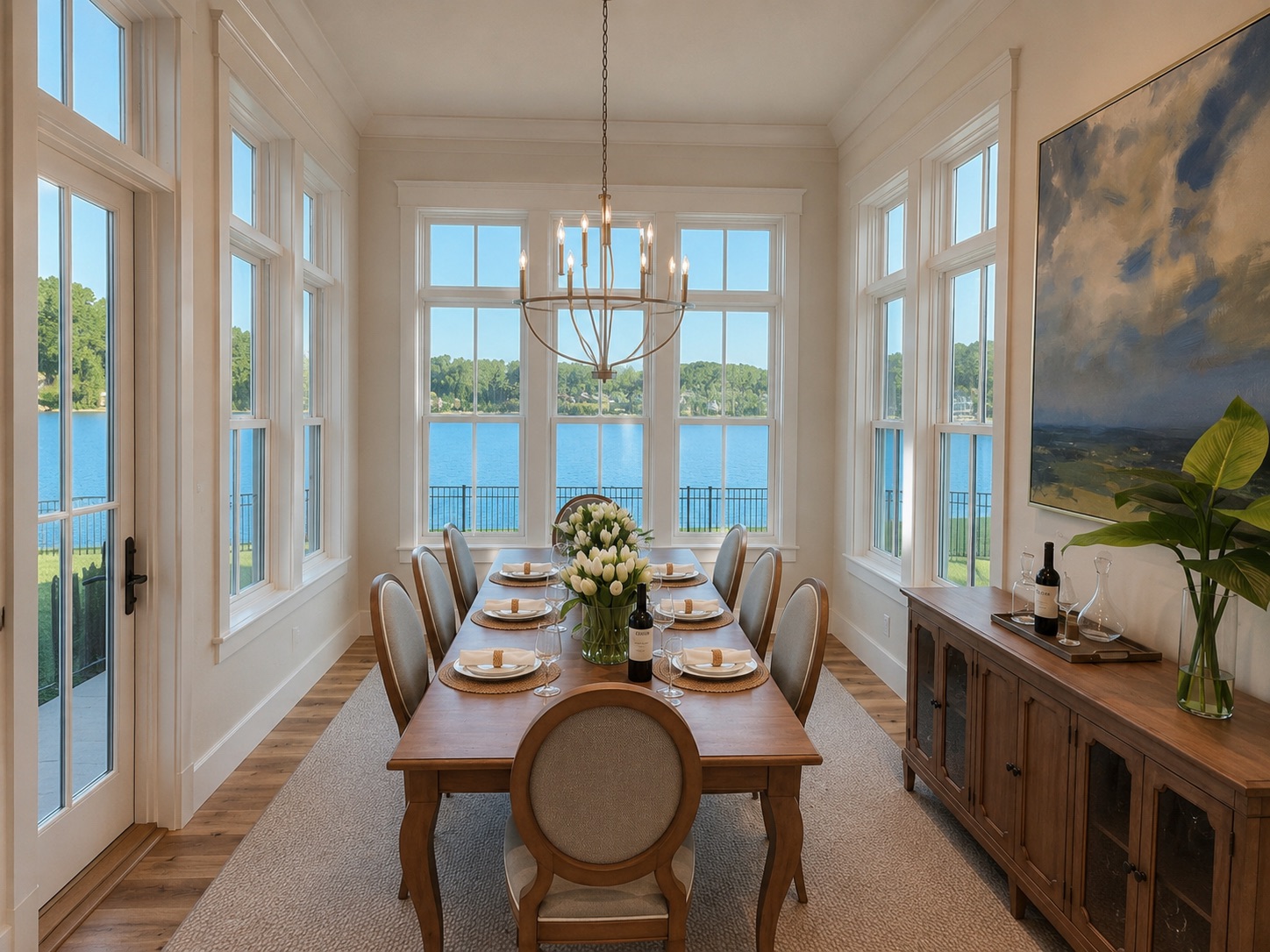 Realistic rendering of the same dining room fully furnished, with a water view