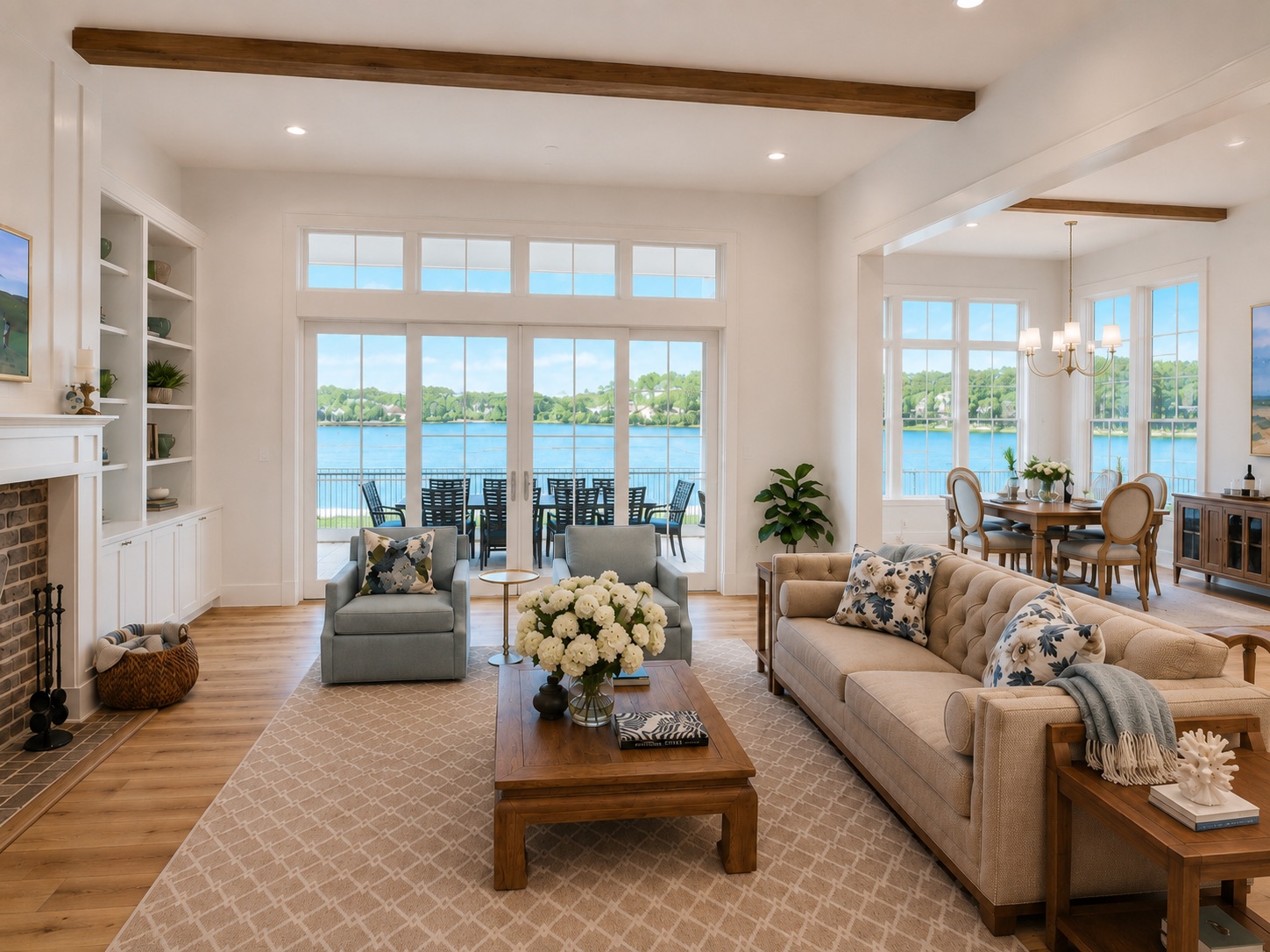 Rendering of the finished living room with a water view
