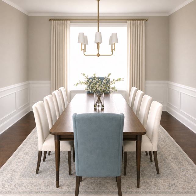 Rendering of the dining room furnished with a full furniture plan