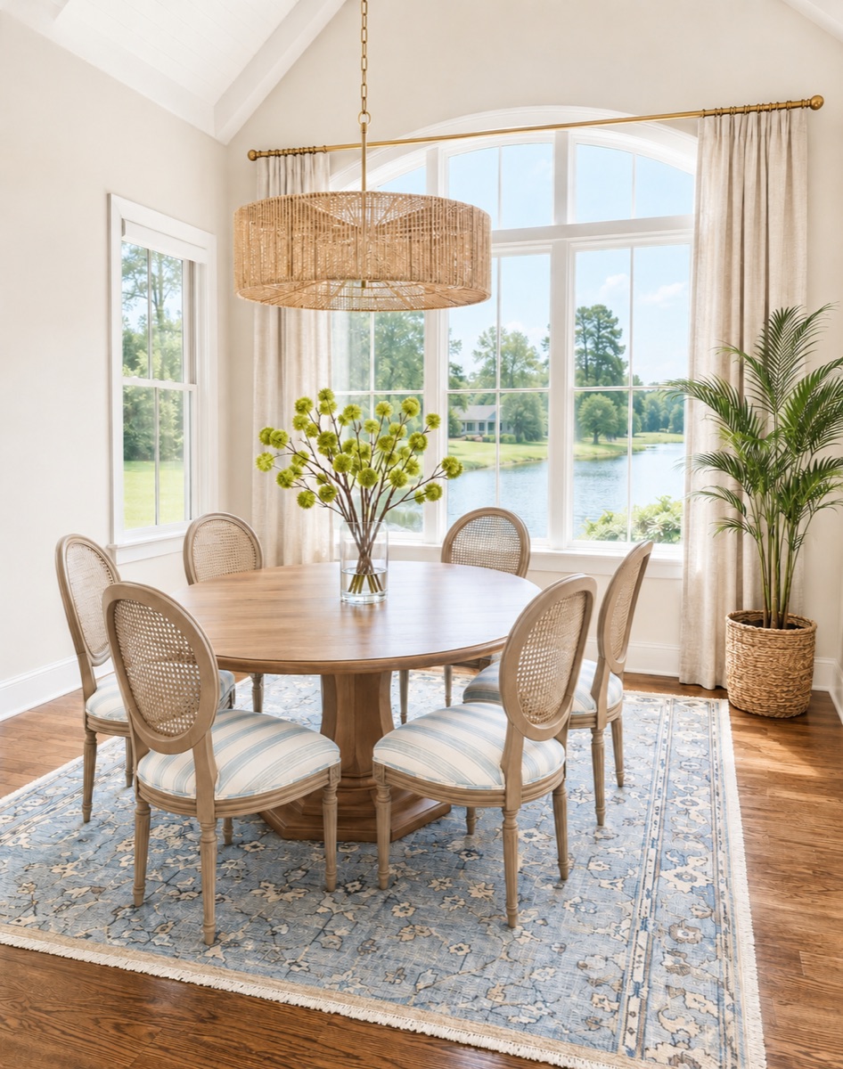 A finished Bluffton dining room with a round wood table, cane chairs, and a lake view, designed by Bluff & Bay Interiors