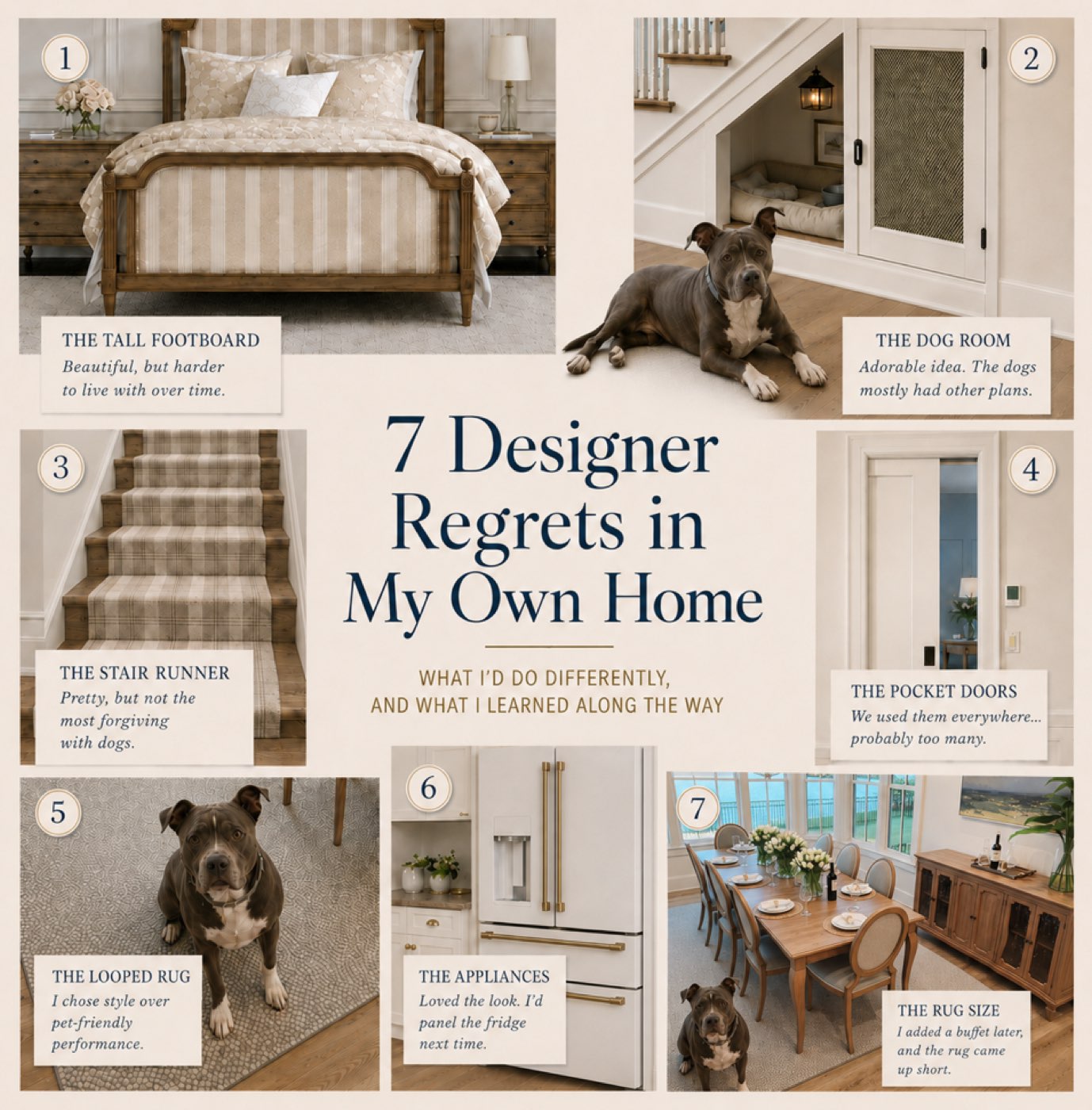 A collage of seven designer regrets in Kary&rsquo;s own home, including a tall bed footboard, a dog room under the stairs, a plaid stair runner, pocket doors, a looped dining room rug, a white refrigerator and a dining room rug that came up short