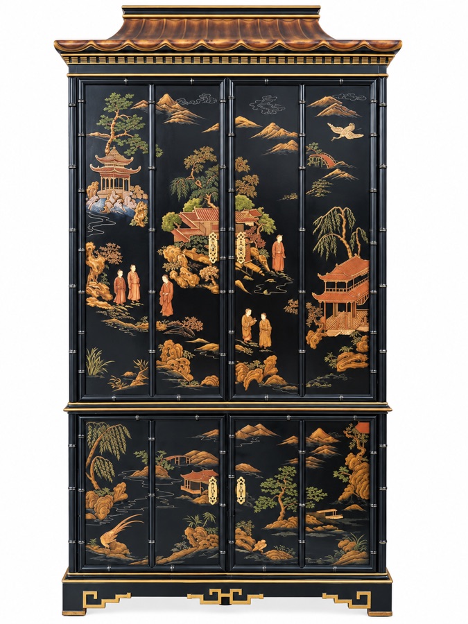 Asian-style vintage armoire that became the anchor piece for a British Colonial bedroom