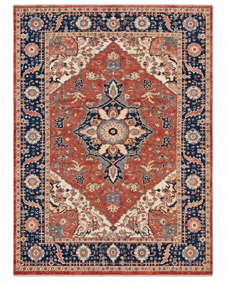Bedroom rug selected last to tie together the armoire, bed and Japanese art collection