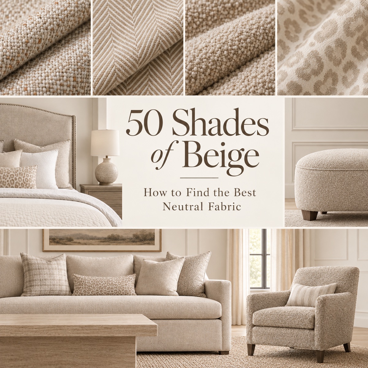 A collage of neutral beige upholstery fabrics and rooms furnished in soft neutral tones
