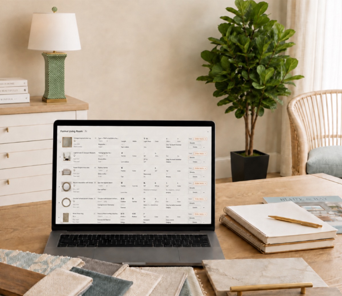 A laptop open to an online furniture project dashboard on a desk with fabric and finish samples
