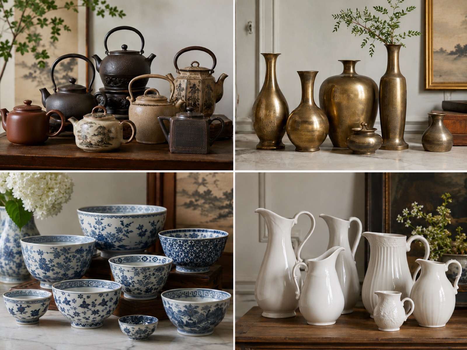 A collection of pieces grouped together on built-in shelves