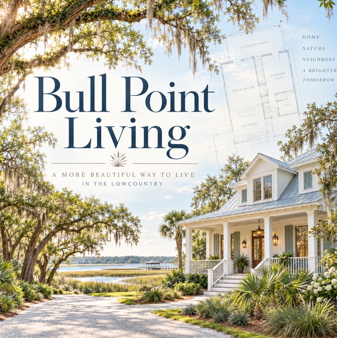 Bull Point Living, a Lowcountry custom home under live oaks with a floor plan overlay