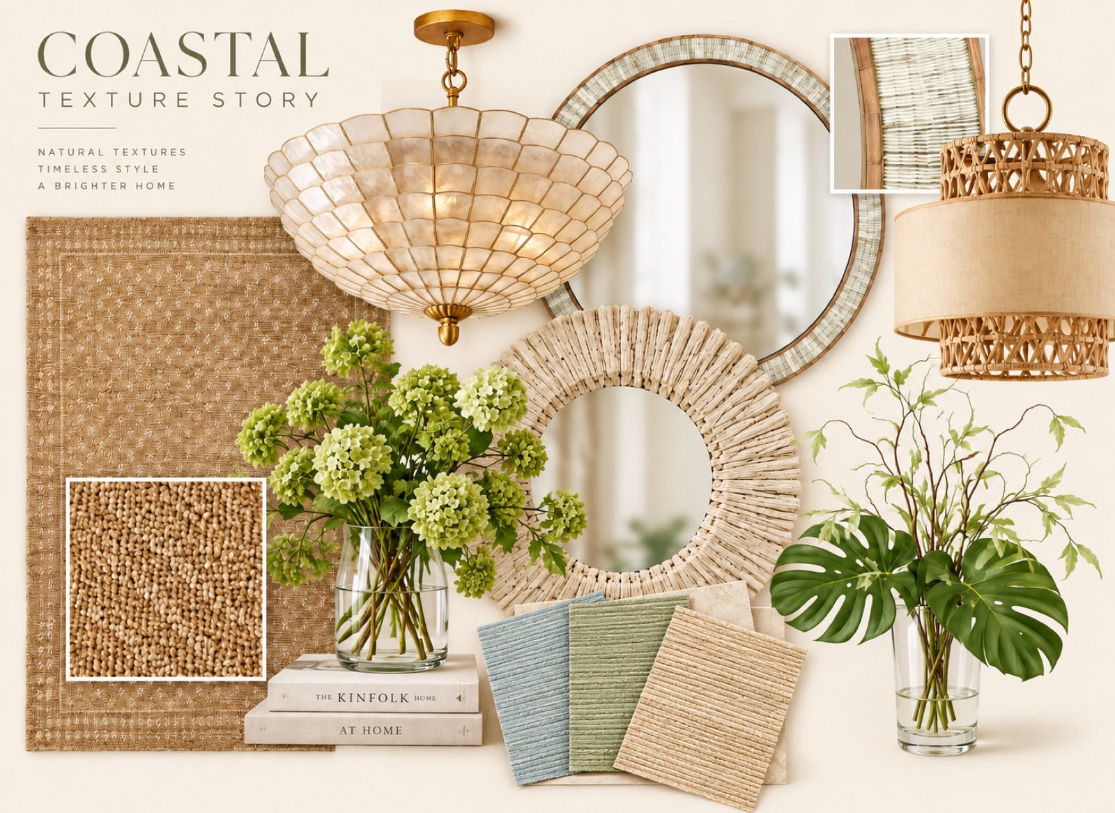 Layered natural textures including jute, linen, rattan and woven baskets in a coastal room