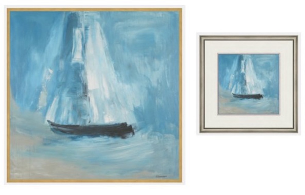 A blue abstract sailboat painting shown unframed and then framed with a mat through Ethan Allen's Custom Frame Studio