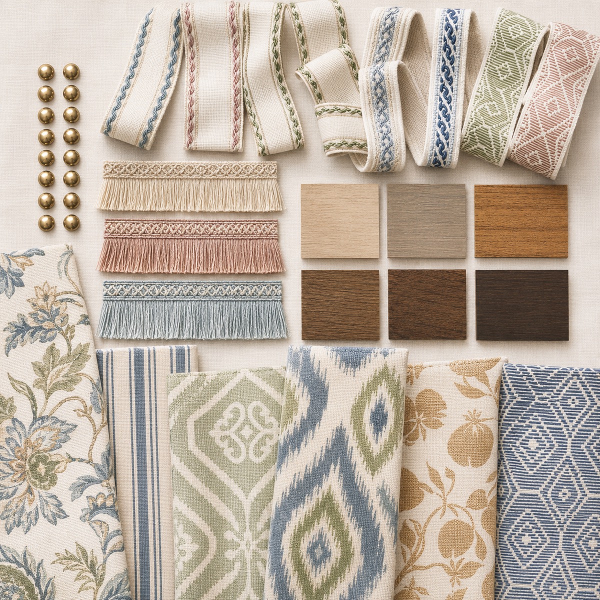 Fabric, finish and trim options for custom furniture laid out for a client to choose from