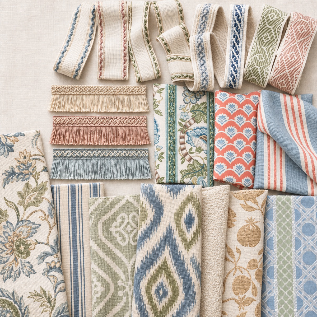 A flat lay of decorative trim, fringe and coordinating fabrics used to create custom throw pillows