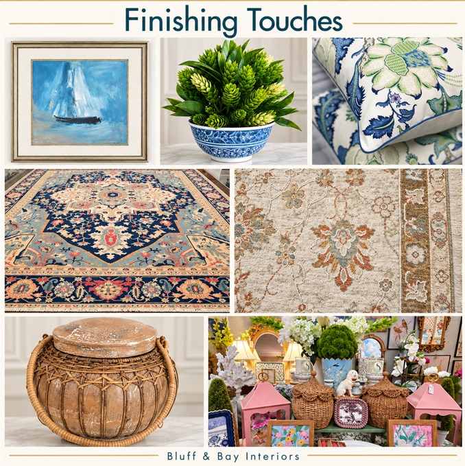 A collage of finishing touches including framed artwork, faux florals, a patterned pillow, traditional rugs and vintage decorative accents