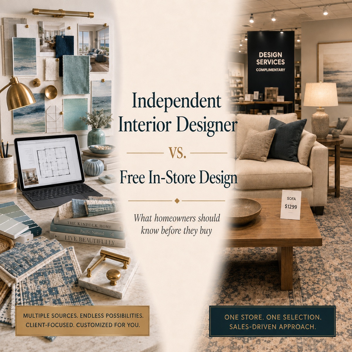 Split graphic comparing an independent interior designer, shown with mood boards, samples and a floor plan, against a free in-store furniture showroom
