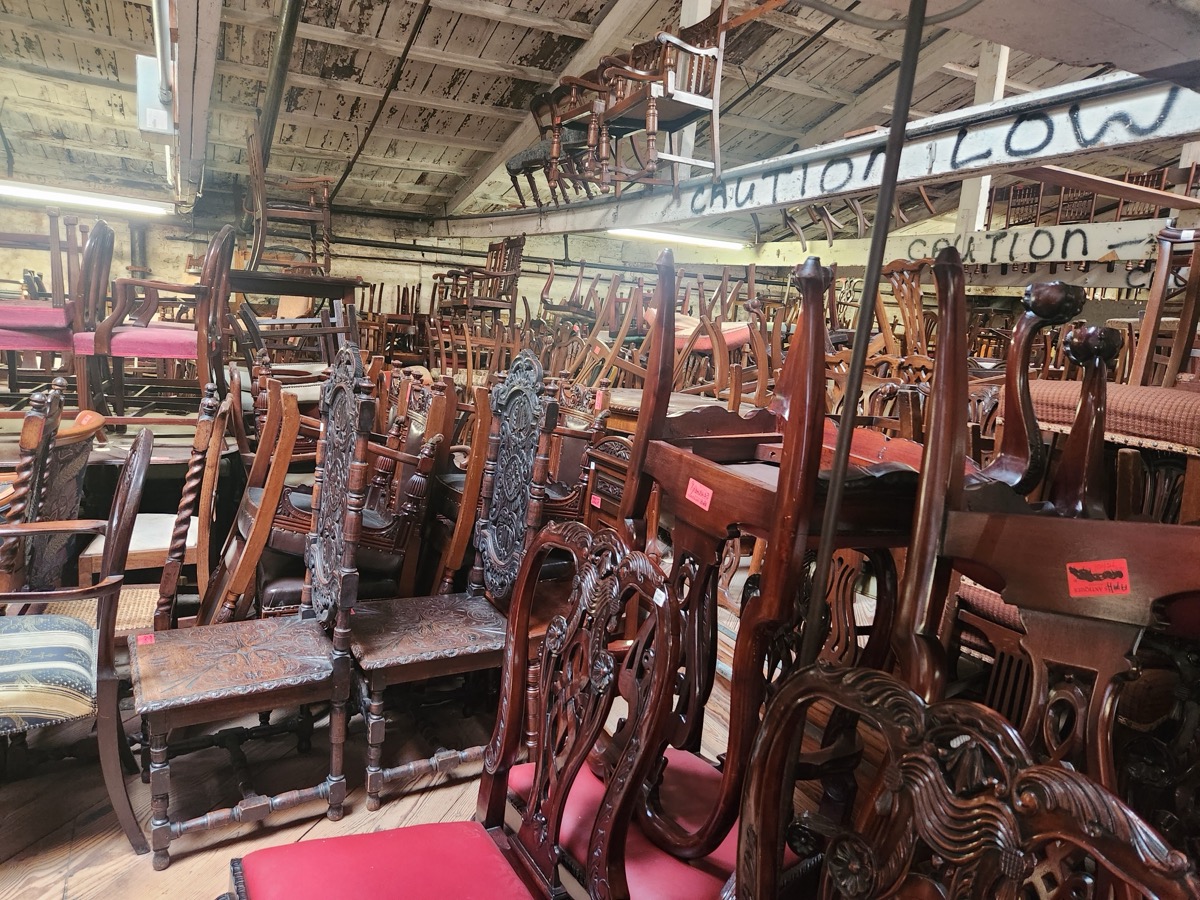 Rows of antique furniture at Jere's Antiques in Savannah, Georgia