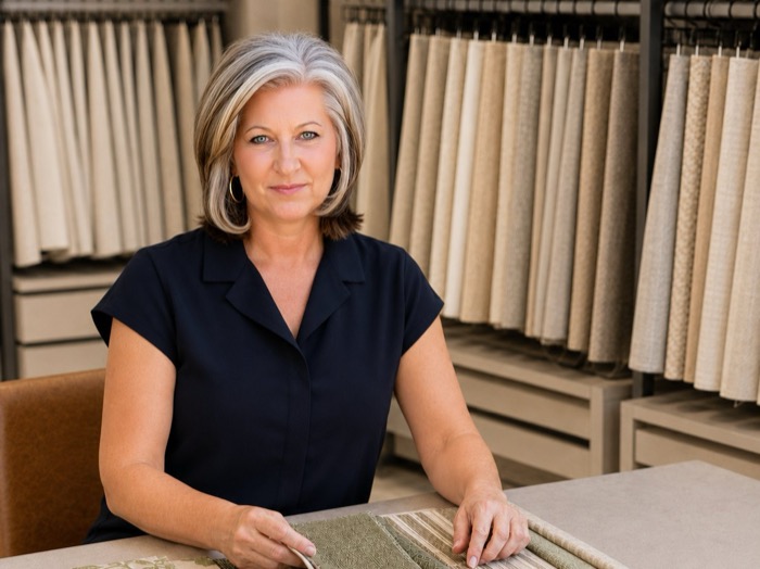 Kary Gregor reviewing fabric and window treatment samples in a showroom