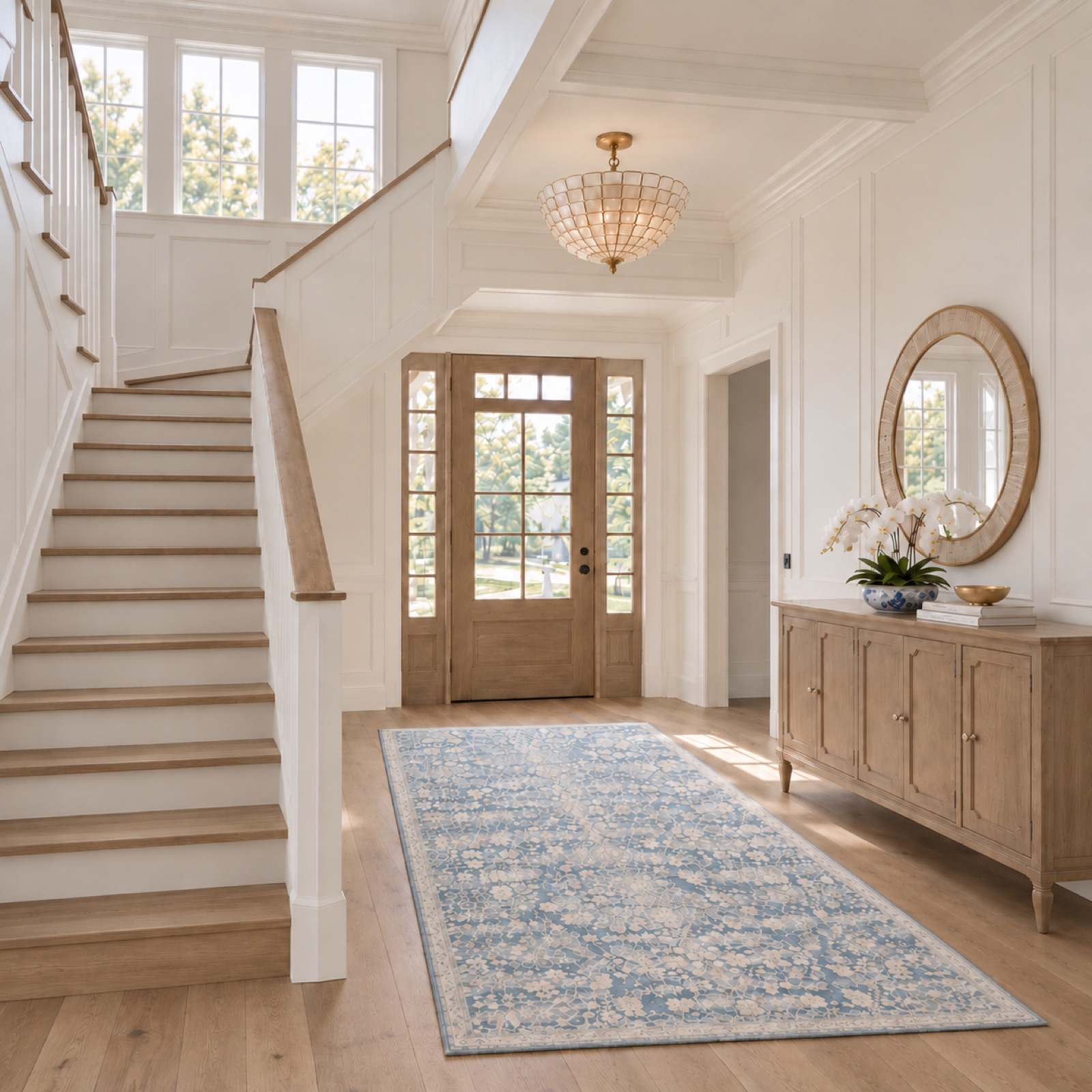 A warm, timeless coastal living room in the Nancy Meyers aesthetic with millwork, natural textures and soft neutrals