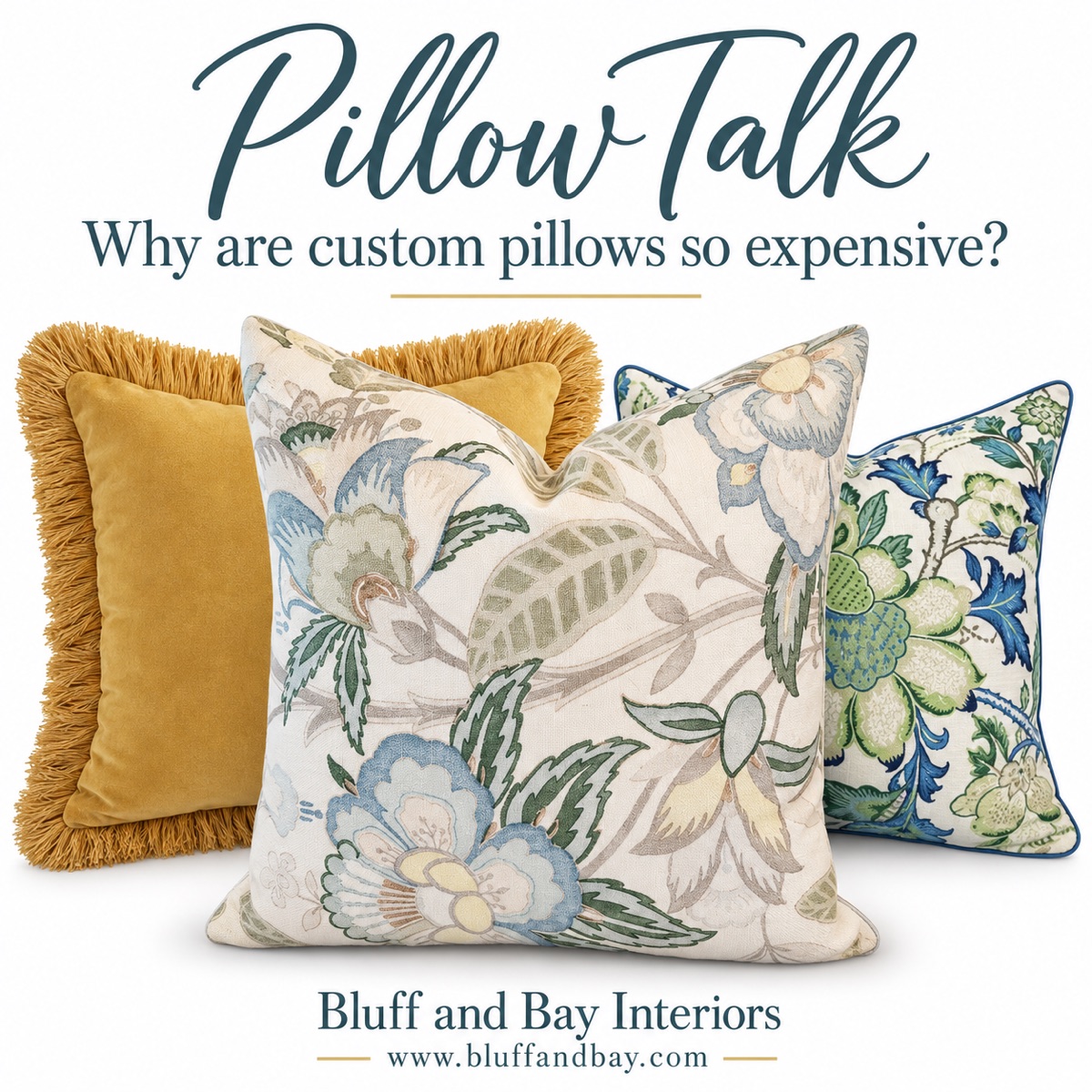Pillow Talk: an arrangement of floral, velvet and fringe throw pillows asking why custom pillows are so expensive