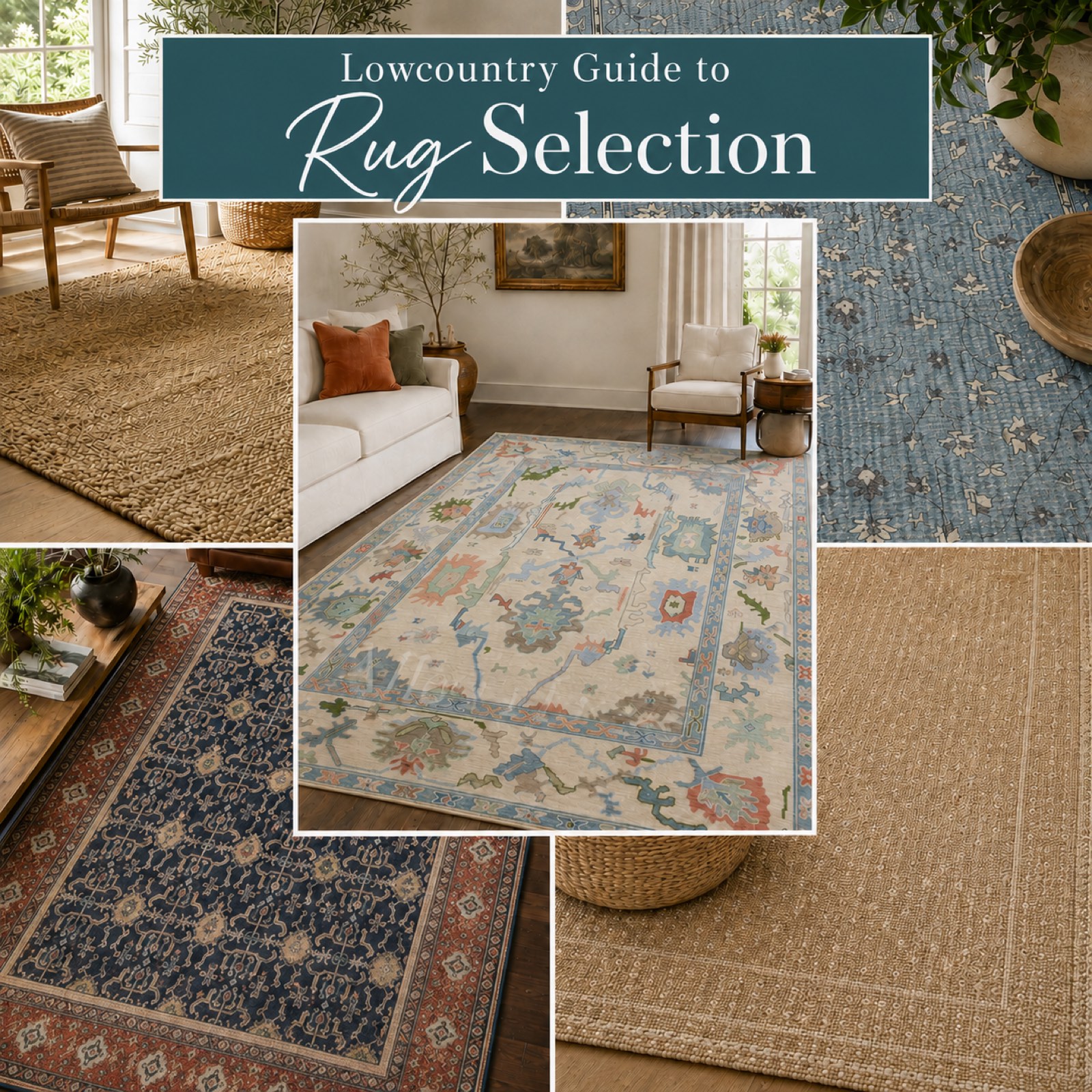 A collage of Lowcountry rug options including jute, wool, patterned and natural fiber rugs styled in living rooms