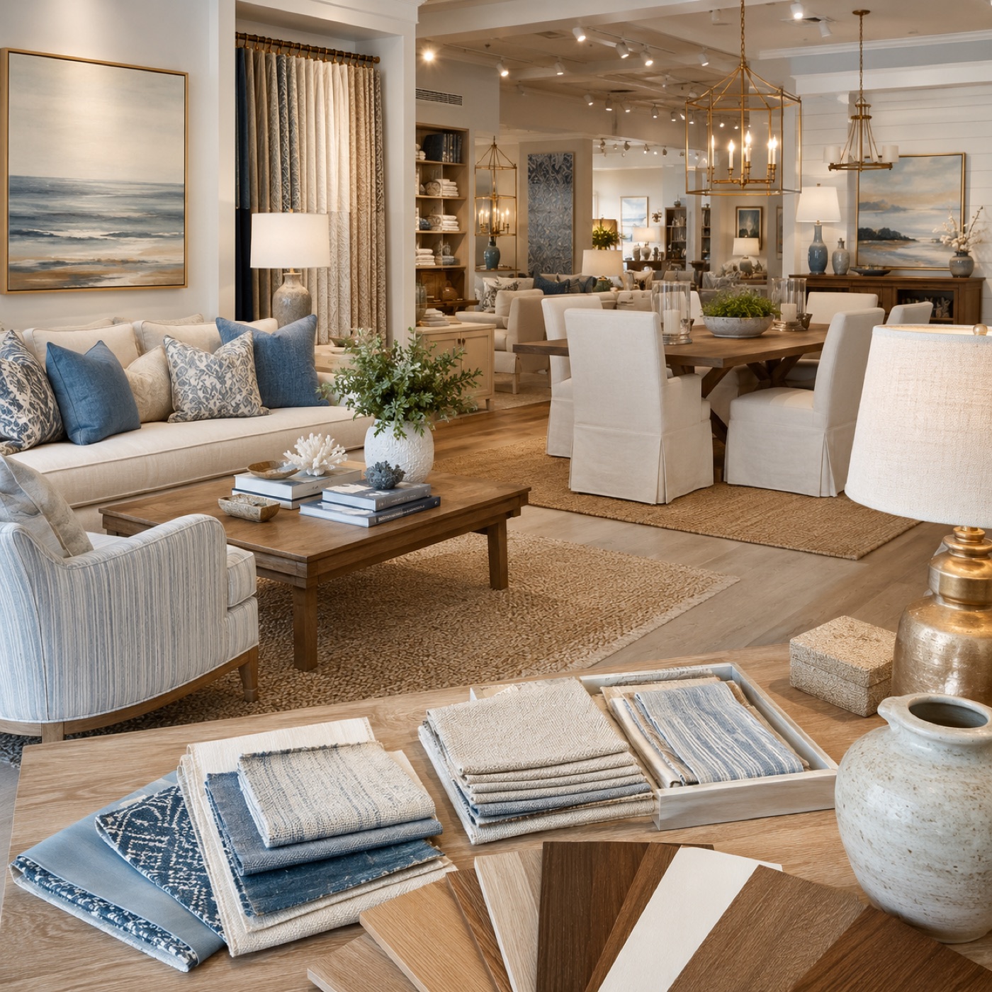 A furniture showroom vignette with a sofa, dining table, lamps and a foreground tray of fabric and wood finish samples