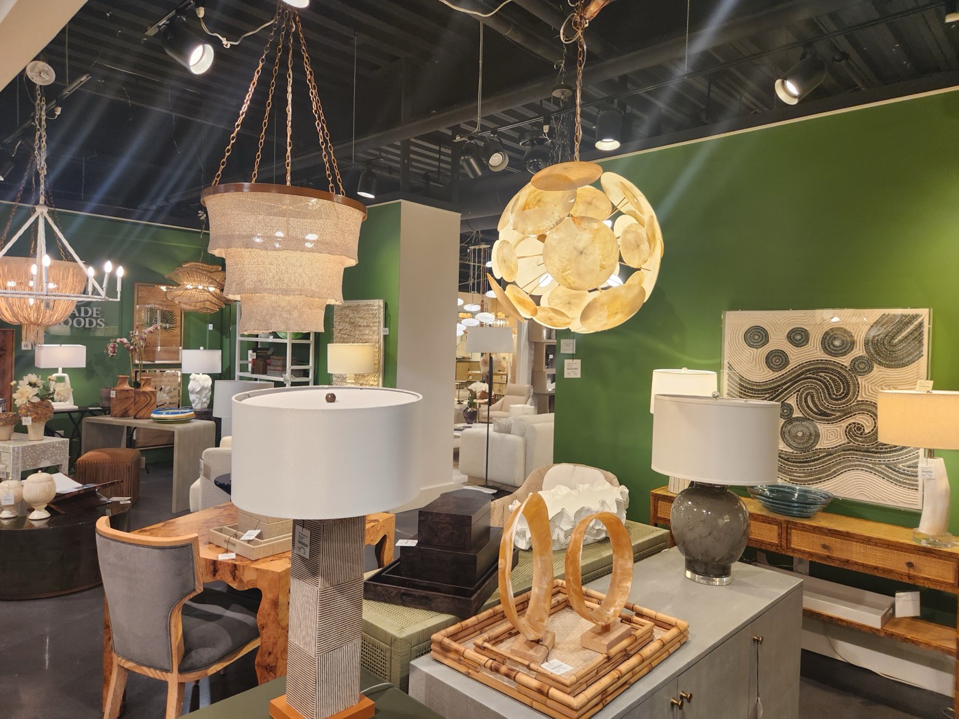 A Bluffton furniture showroom with upholstery and wood finish options on display