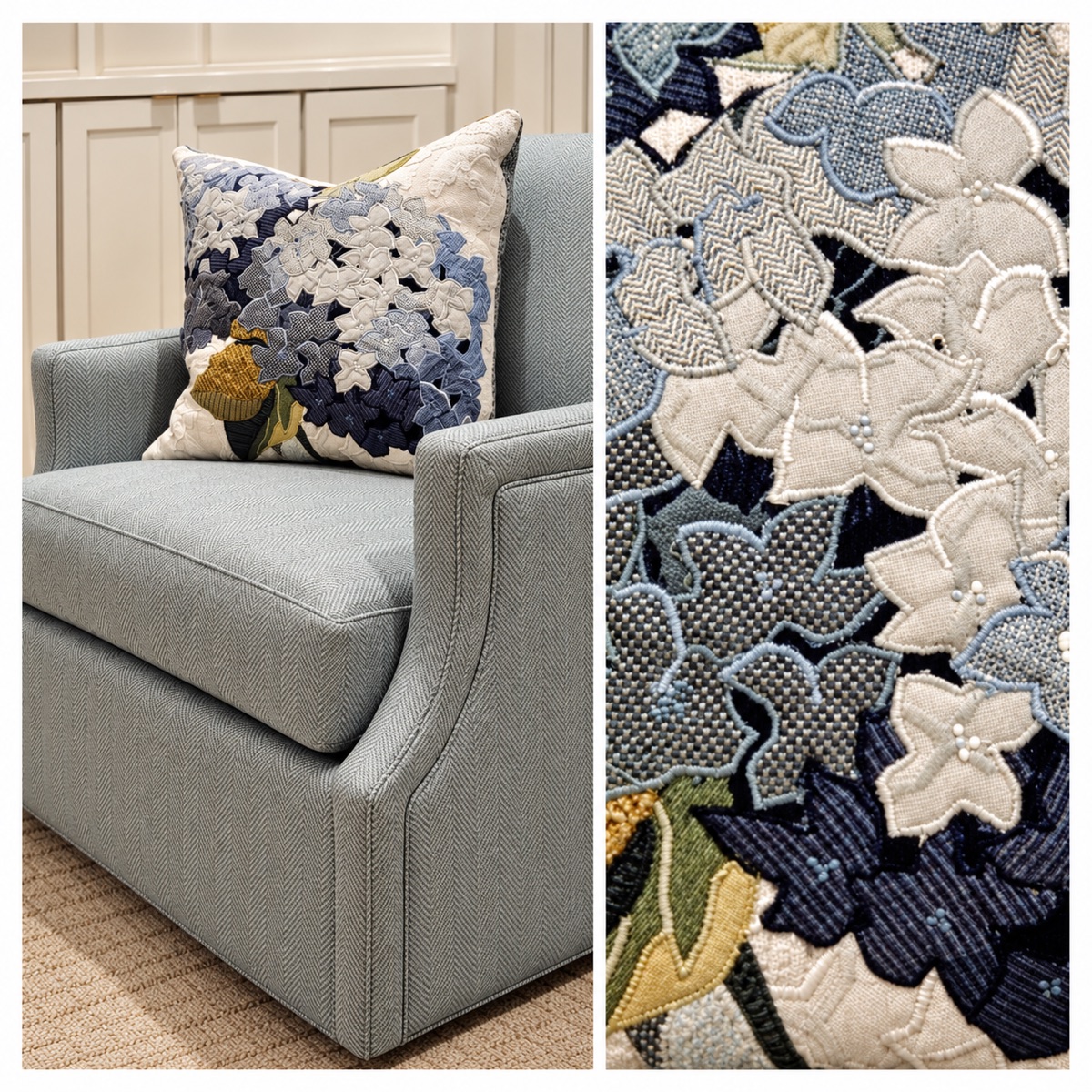 A fabric art hydrangea throw pillow made of pieced fabric samples on a herringbone armchair, with a close up of the intricate stitched petals