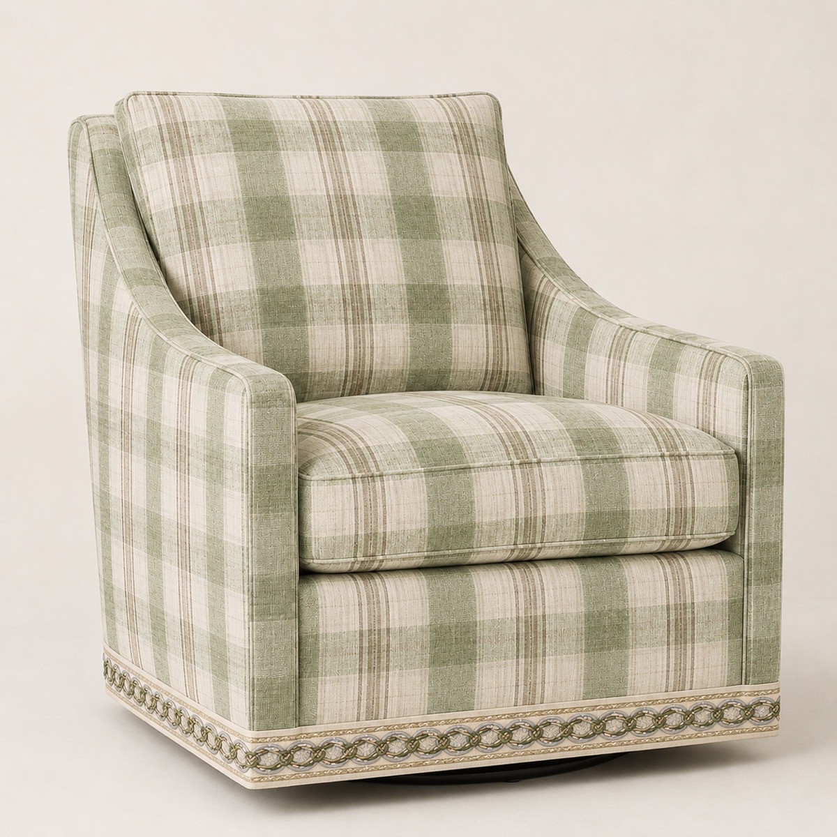 Upholstered chair finished with decorative embroidered trim tape along the skirt