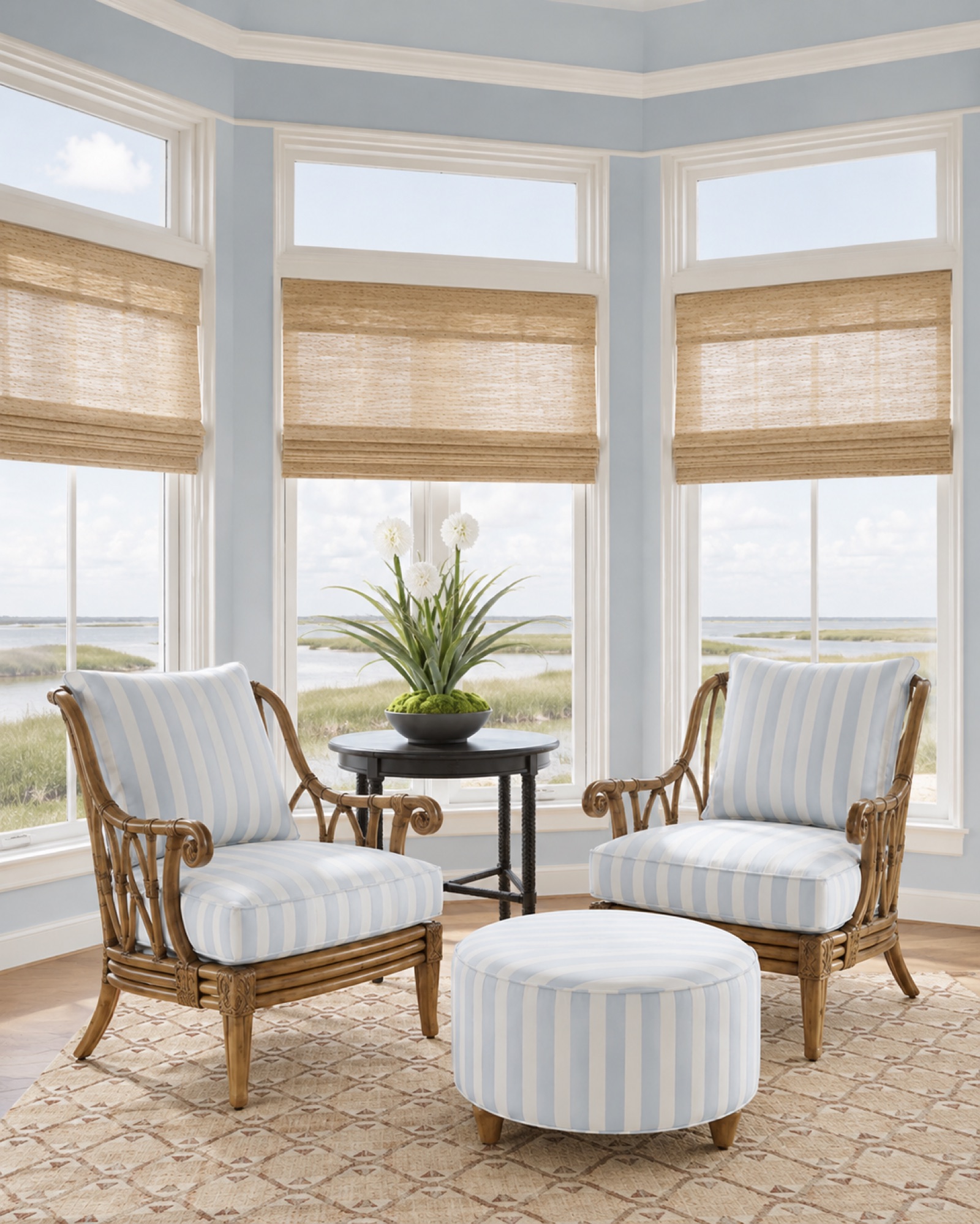A sunroom with blue and white striped chairs overlooking the marsh, designed by Bluff and Bay