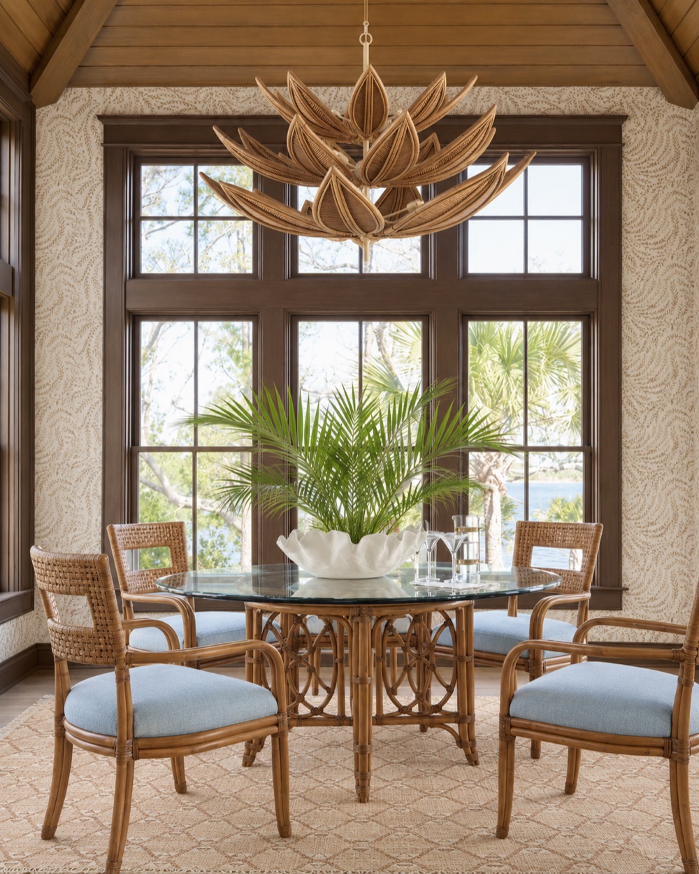 British Colonial dining room with palm chandelier in Oldfield